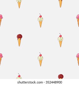 Seamless vector pattern of different ice cream in a waffle cup on a light gray background.