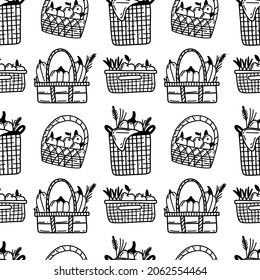 Seamless vector pattern with different kind of baskets. Illustration with organic fruits and vegetables. There are pumpkins, apples, carrots and branches of flowers on it