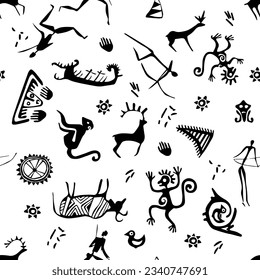 seamless vector pattern of different kind of tribal animals and humans drawn in caves 