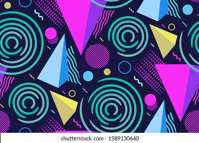 Seamless vector pattern with different kinds of geometric shapes on a dark background. Minimalistic modern design in Memphis style. Fashion 80-90's. Geometrical print  in trendy neon colors.