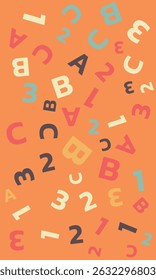 Seamless vector pattern. different letters ABC and numbers 1, 2, 3. Colorful school pattern with font characters A, B, C, 1, 2, 3 for children. Multicolor background for kids. Vector illustration.