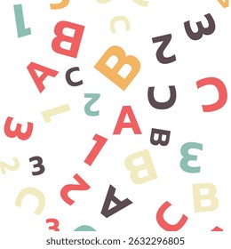 Seamless vector pattern. different letters ABC and numbers 1, 2, 3. Colorful school pattern with font characters A, B, C, 1, 2, 3 for children. Multicolor background for kids. Vector illustration.