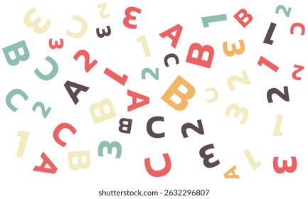 Seamless vector pattern. different letters ABC and numbers 1, 2, 3. Colorful school pattern with font characters A, B, C, 1, 2, 3 for children. Multicolor background for kids. Vector illustration.