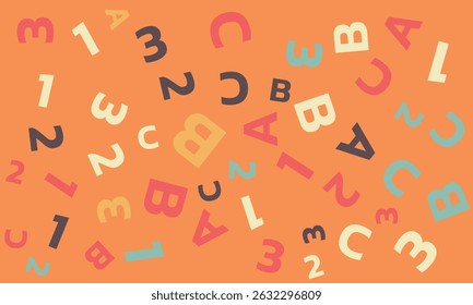Seamless vector pattern. different letters ABC and numbers 1, 2, 3. Colorful school pattern with font characters A, B, C, 1, 2, 3 for children. Multicolor background for kids. Vector illustration.