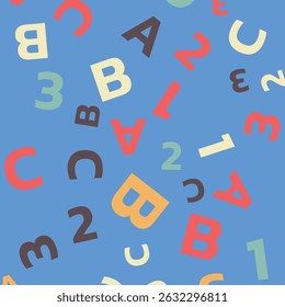 Seamless vector pattern. different letters ABC and numbers 1, 2, 3. Colorful school pattern with font characters A, B, C, 1, 2, 3 for children. Multicolor background for kids. Vector illustration.
