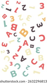 Seamless vector pattern. different letters ABC and numbers 1, 2, 3. Colorful school pattern with font characters A, B, C, 1, 2, 3 for children. Multicolor background for kids. Vector illustration.