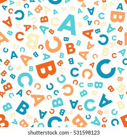 Seamless vector pattern - different letters ABC. Colorful school pattern with font characters A, B, C for children. Multicolor background for kids. Vector illustration.