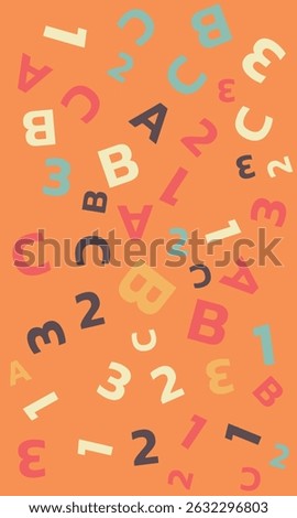 Seamless vector pattern. different letters ABC and numbers 1, 2, 3. Colorful school pattern with font characters A, B, C, 1, 2, 3 for children. Multicolor background for kids. Vector illustration.