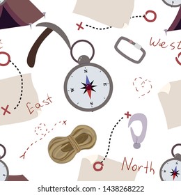 A seamless vector pattern with different mountaineering equipment and maps. Tourist pattern.