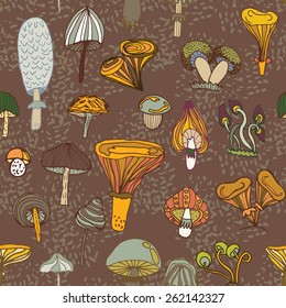 Seamless vector pattern of different mushrooms.