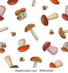 Seamless vector pattern of different mushrooms on a white background.