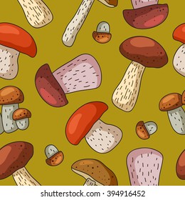 Seamless vector pattern of different mushrooms on a green background.
