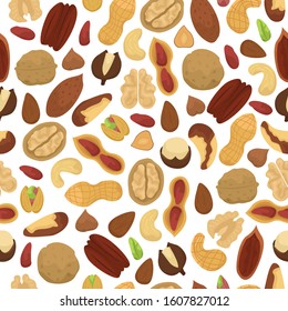Seamless vector pattern with different nuts peeled and shelled.