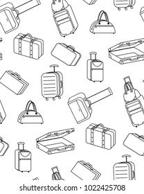 Seamless vector pattern with different outline suitcases isolated on white background. Modern background for website and apps, wrapping paper, wallpaper, landing page.