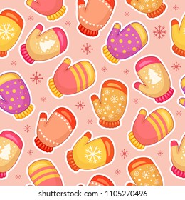 Seamless vector pattern with different pink an yellow colorful mittens and snowflakes on a pink background. Christmas cartoon illustration. Cute x-mas pattern. Bright winter wrapping.