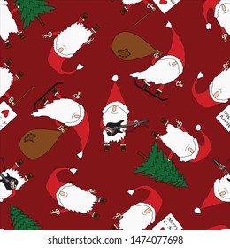 
seamless vector pattern with different Santa Claus in different poses,  dark red background color