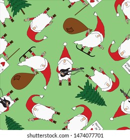 
seamless vector pattern with different Santa Claus in different poses, green background color