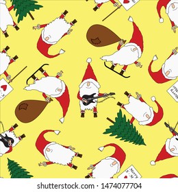 
seamless vector pattern with different Santa Claus in different poses, yellow background color