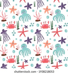 Seamless vector pattern with different sea animals. For cute kids textile, backdrops, prints. 