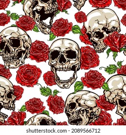 Seamless vector pattern of different shaded skulls and red roses on white background.