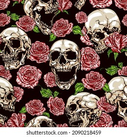 Seamless vector pattern of different shaded skulls and red roses on dark background.