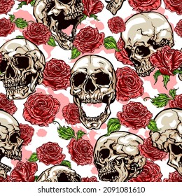 Seamless vector pattern of different shaded skulls and red roses on white background with pink roses silhouettes.