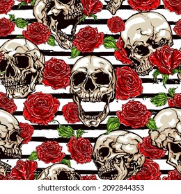 Seamless vector pattern of different shaded skulls and red roses on black and white stripes background.
