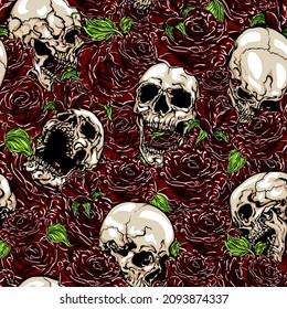 Seamless vector pattern of different shaded skulls scattered on a bed of dark red roses background.