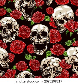 Seamless vector pattern of different shaded skulls and red roses on dark background.