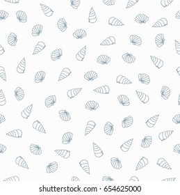 Seamless vector pattern. Different size and type blue seashells pattern on the light background. 