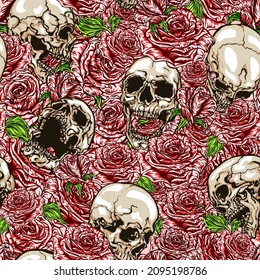 Seamless vector pattern of different skulls scattered on a bed of pink roses background.