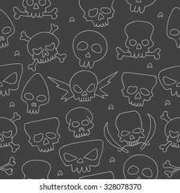 Seamless vector pattern of different skulls on a dark gray background, hand-drawn.