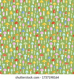 Seamless vector pattern with different small mushrooms.