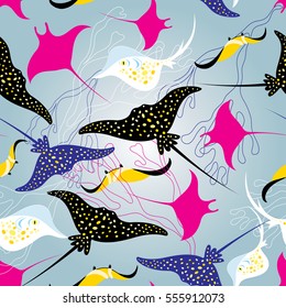 Seamless vector pattern of different stingray and algae