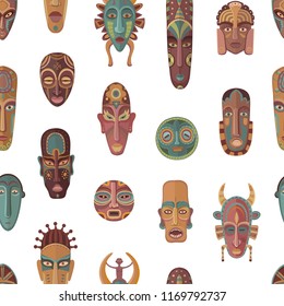 Seamless vector pattern with different stylized African masks on a white background