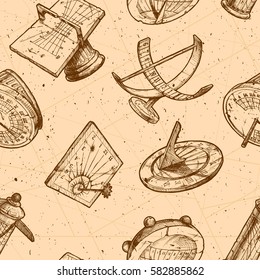Seamless vector pattern with different sundials in old fashioned etched style