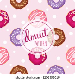 Seamless vector pattern of different tasty donuts with colorful toppings. Delicious ornament for background.