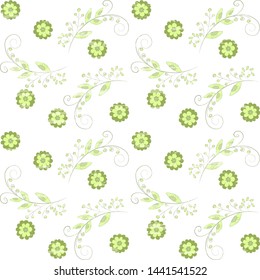 
Seamless vector pattern with different tons of green flowers and beautiful curled leaves scattered on a white background, textured, artistic. Cover design, packaging and wrapping background.
