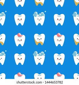 Seamless vector pattern with different tooth with cute faces drawn in simple style.