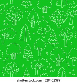 Seamless vector pattern of different trees on a green background, hand-drawn.