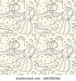 Seamless vector pattern with different types of teapots in simple line style. Doodle style teapots. Kitchen pattern.