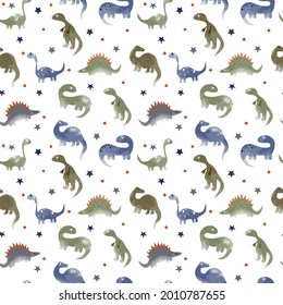 Seamless vector pattern different types of dinosaurs, imitation of watercolors, stars, blue-green shades.