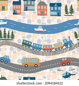 Seamless vector pattern with different types of roads and transport. Railroad with train, river with boats, road with cars. Print for children.