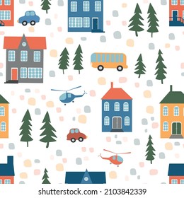 Seamless vector pattern with different types of transport. Cityscape with houses and cars. Print for children.