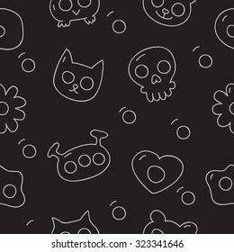 Seamless vector pattern of different types of eggs on a black background, painted by hand.