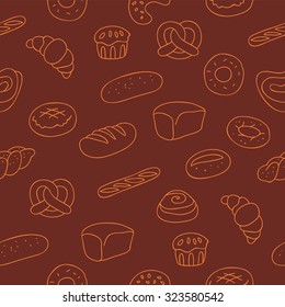 Seamless vector pattern of different types of bread on a brown background, painted by hand.