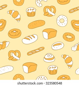 Seamless vector pattern of different types of bread on a light beige background, painted by hand