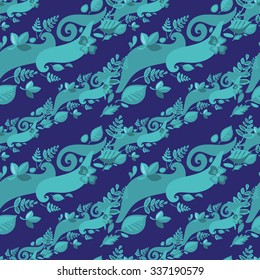 Seamless vector pattern with different types of leaves and some abstract elements in the form of waves.
