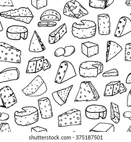 Seamless vector pattern with different types of cheese on white background. Doodle cheese texture
