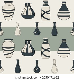 Seamless vector pattern with different vases. Scandinavian colors. Hand drawn illustration for wallpaper, curtains, texture, wrapping paper, textiles, fabric. 